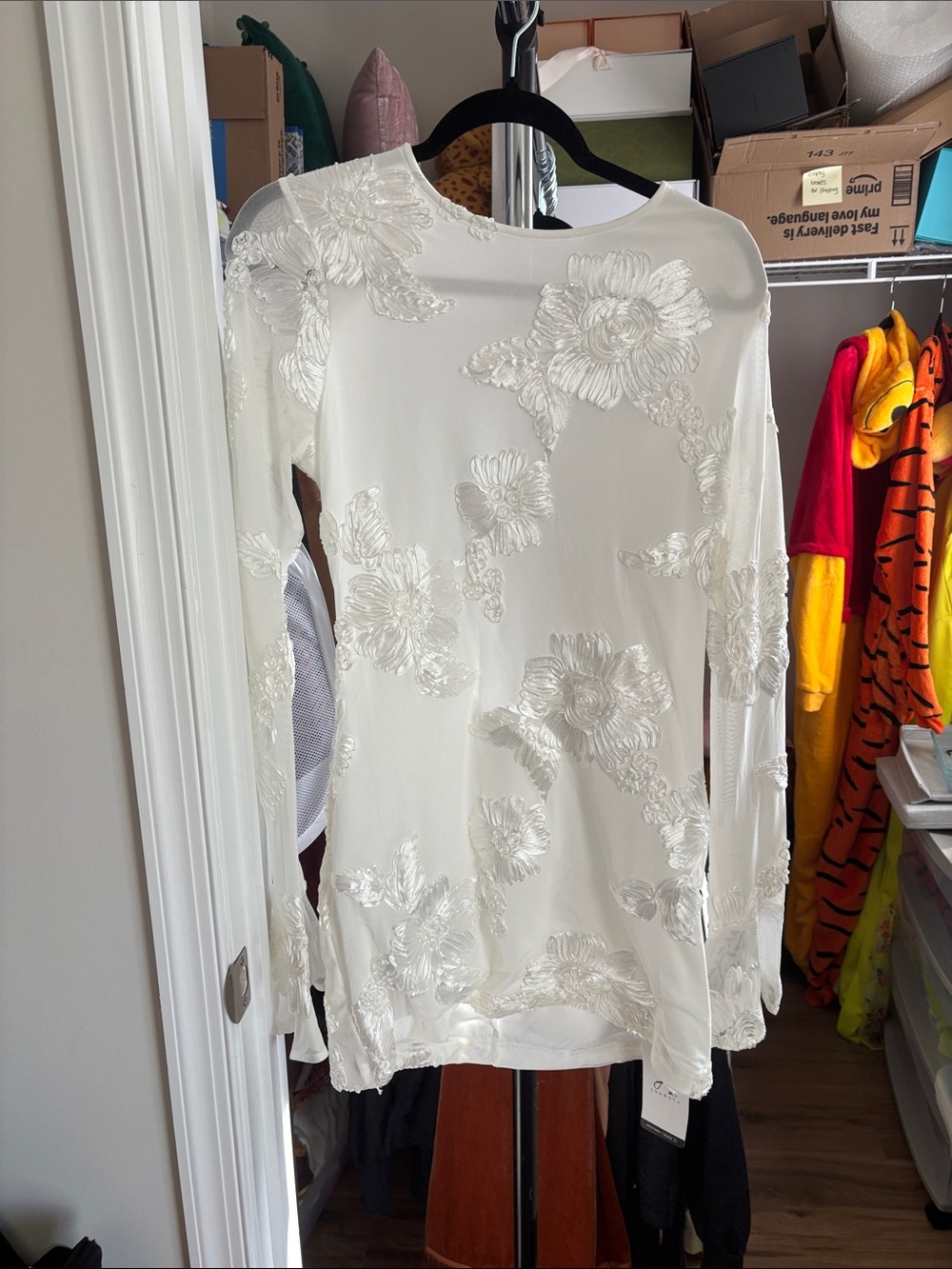 Women's White Floral Appliqué Long bell Sleeve mini dress